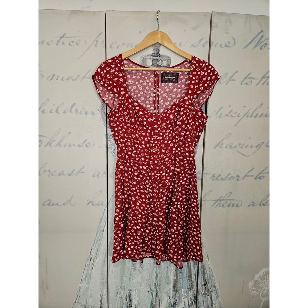 Reformation Mini Dress 8 Red Floral Button Front Cap Sleeve Cottagecore Romantic